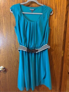 Roz & Ali Teal Sleeveless Pleated Waist Dress with Striped Belt